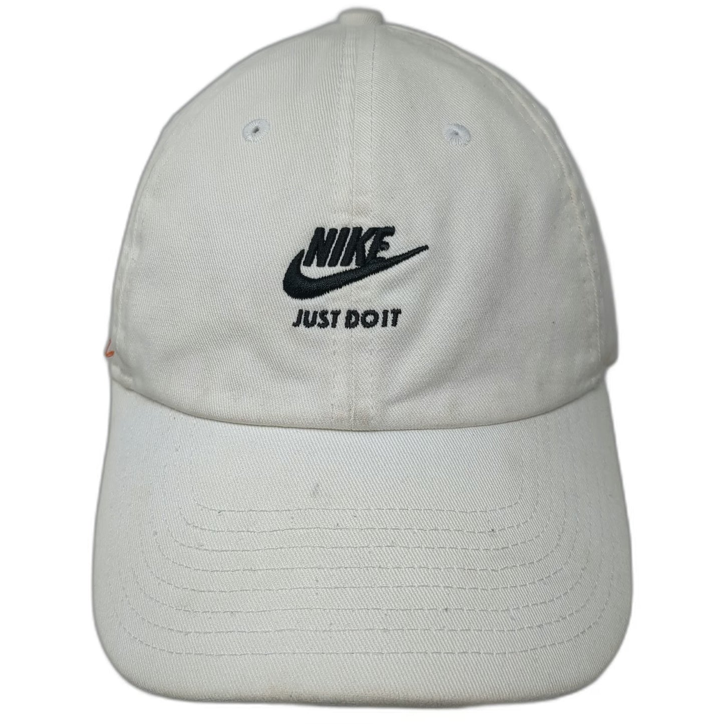 Nike Baseball Cap White OSFM Just Do It Swoosh Safety Pins Slideback Hat Cotton