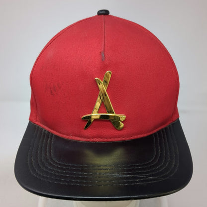 Alumni 5 Panel Red Hat One Size Watchband Strapback Metal Logo Black Flat Brim