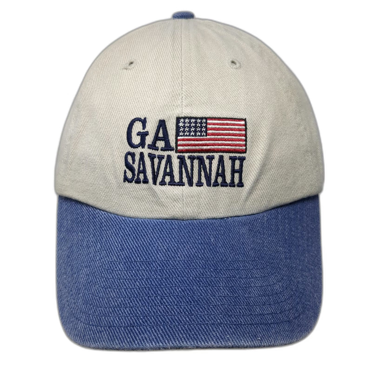 Twins Enterprise Baseball Cap Beige Blue OSFM Savannah GA USA Flag Strapback hat