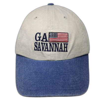 Twins Enterprise Baseball Cap Beige Blue OSFM Savannah GA USA Flag Strapback hat