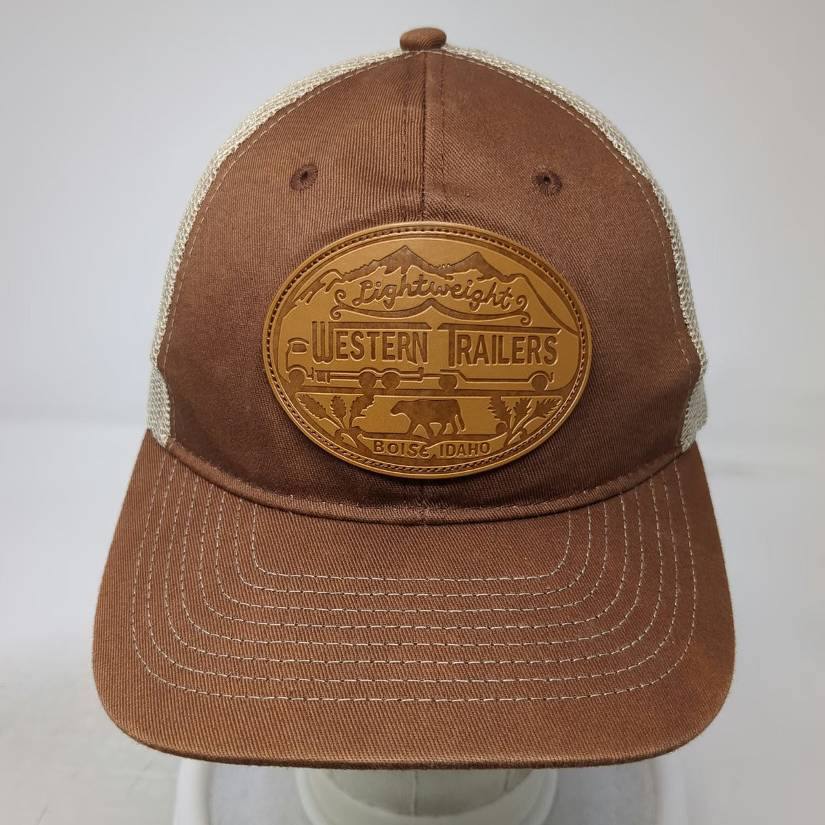 Western Trailers Trucker Hat Brown Beige One Size Snapback Mesh Leather Patch
