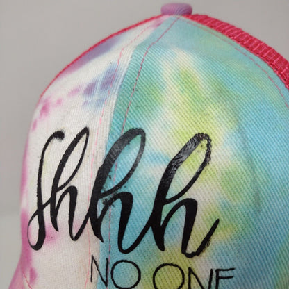 Shhh No One Cares Strapback Trucker Hat Multi OSFA Tie Dye Ponytail