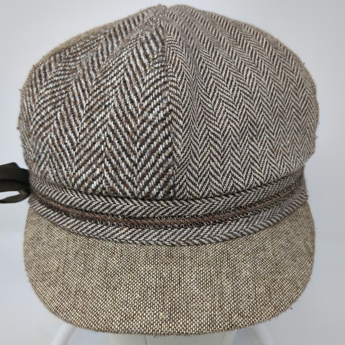 D&Y Army Cap Brown One Size Herringbone Acrylic Wool Blend Hat Side Ribbon