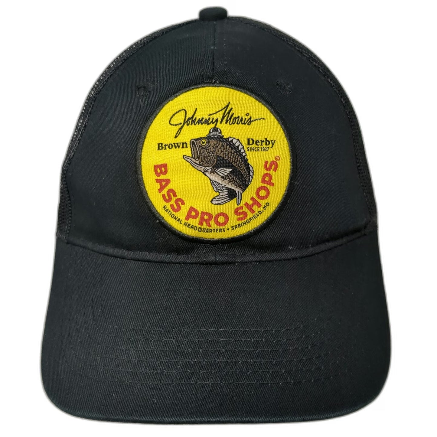 Bass Pro Shops Trucker Hat Black OSFM Johnny Morris Brown Derby Mesh Snapback