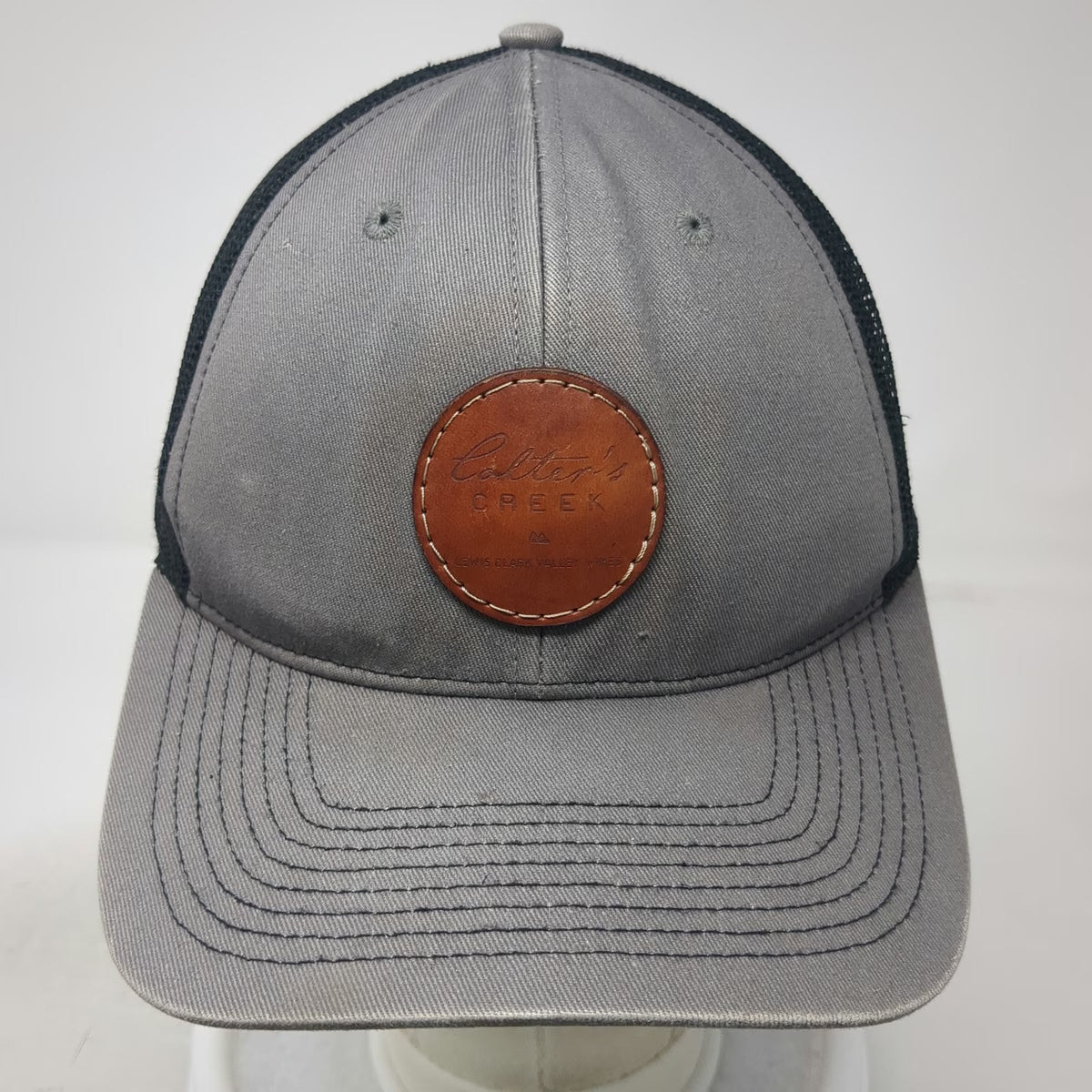 Outdoor Cap Trucker Hat Gray Black One Size Leather Patch Mesh Back Snapback