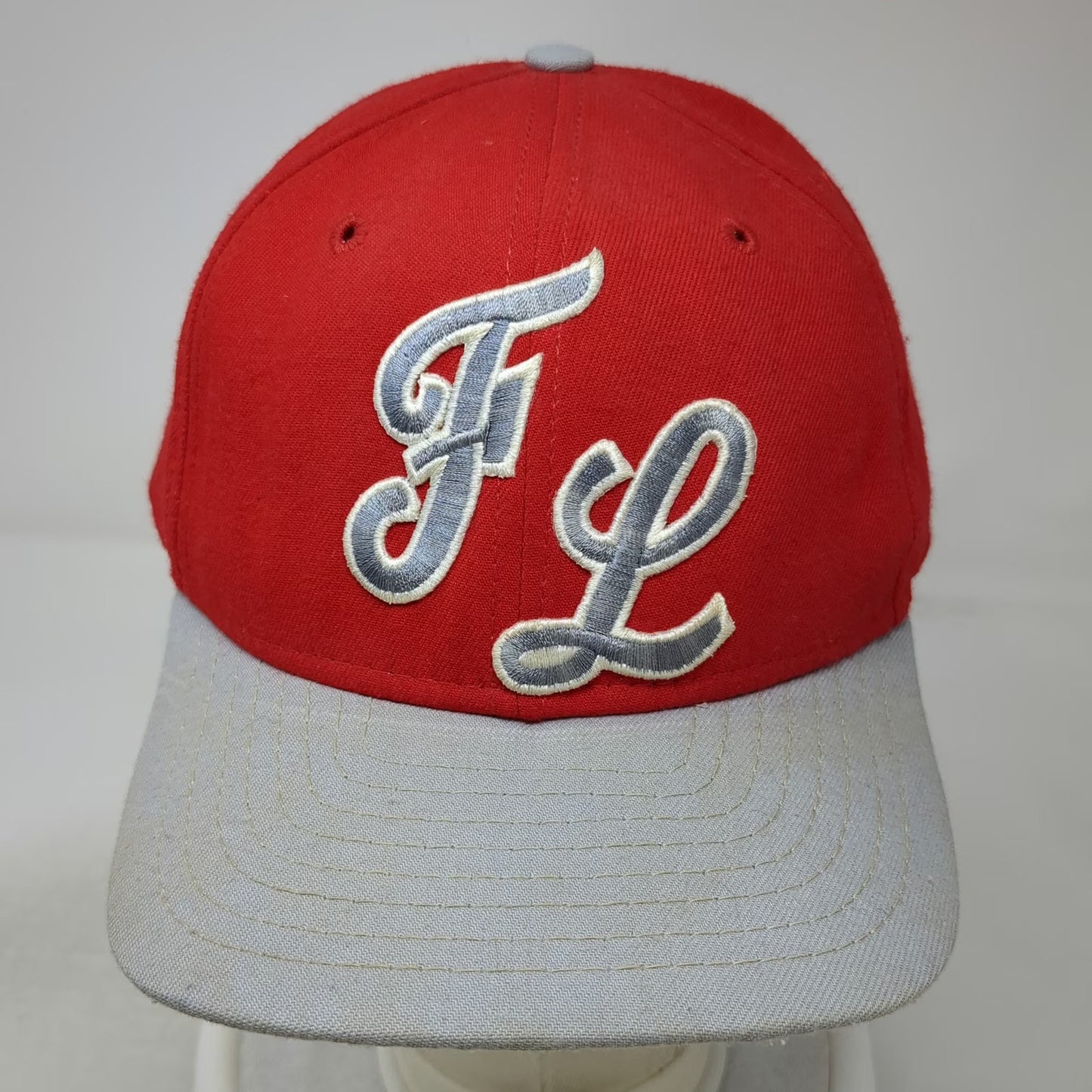 New Era Snapback Red Hat Size L Script FL Embroidered Two Tone Gray Flat Bill