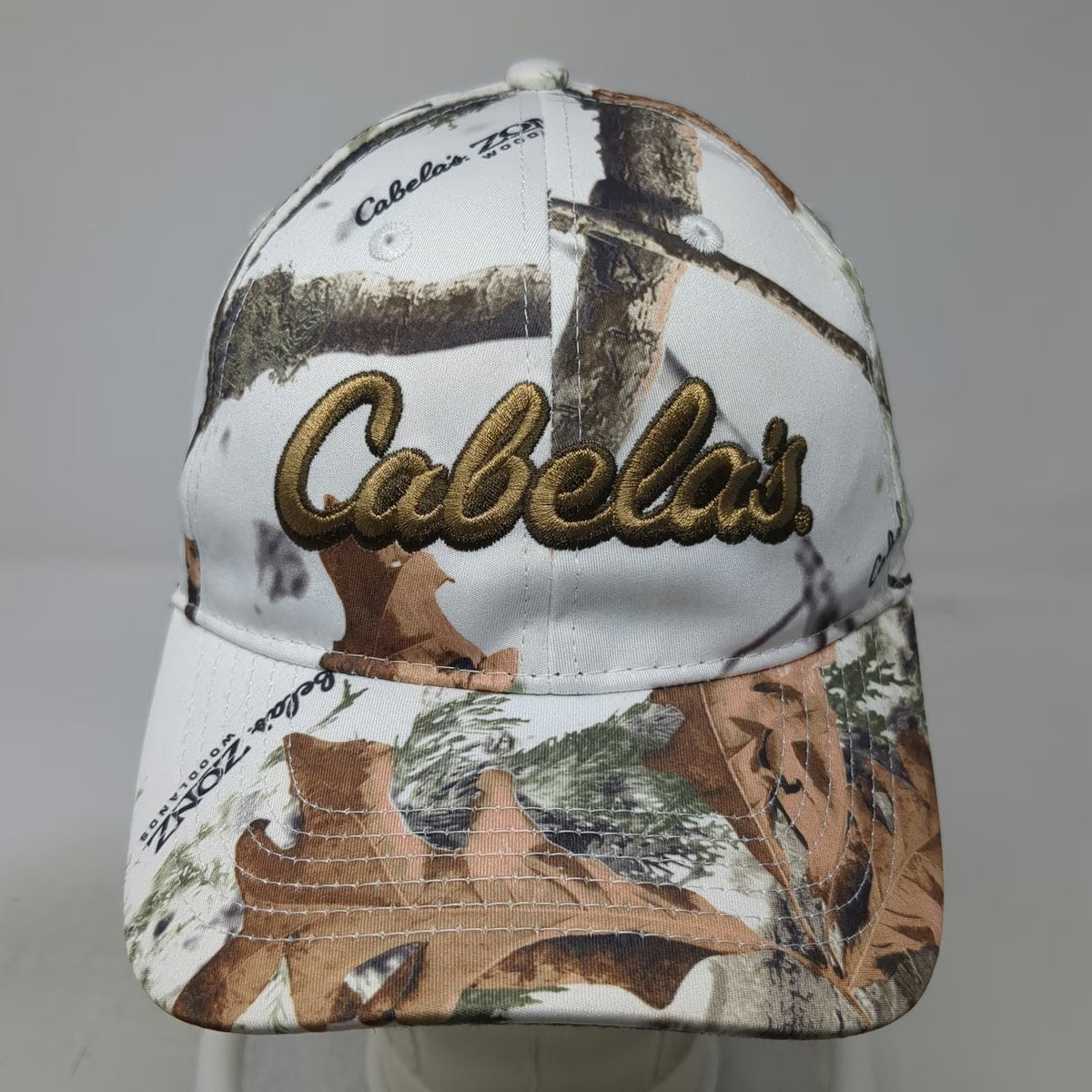 Cabela's Snapback Hat White Camo One Size Gold Embroidery Zonz Woodlands Hunting