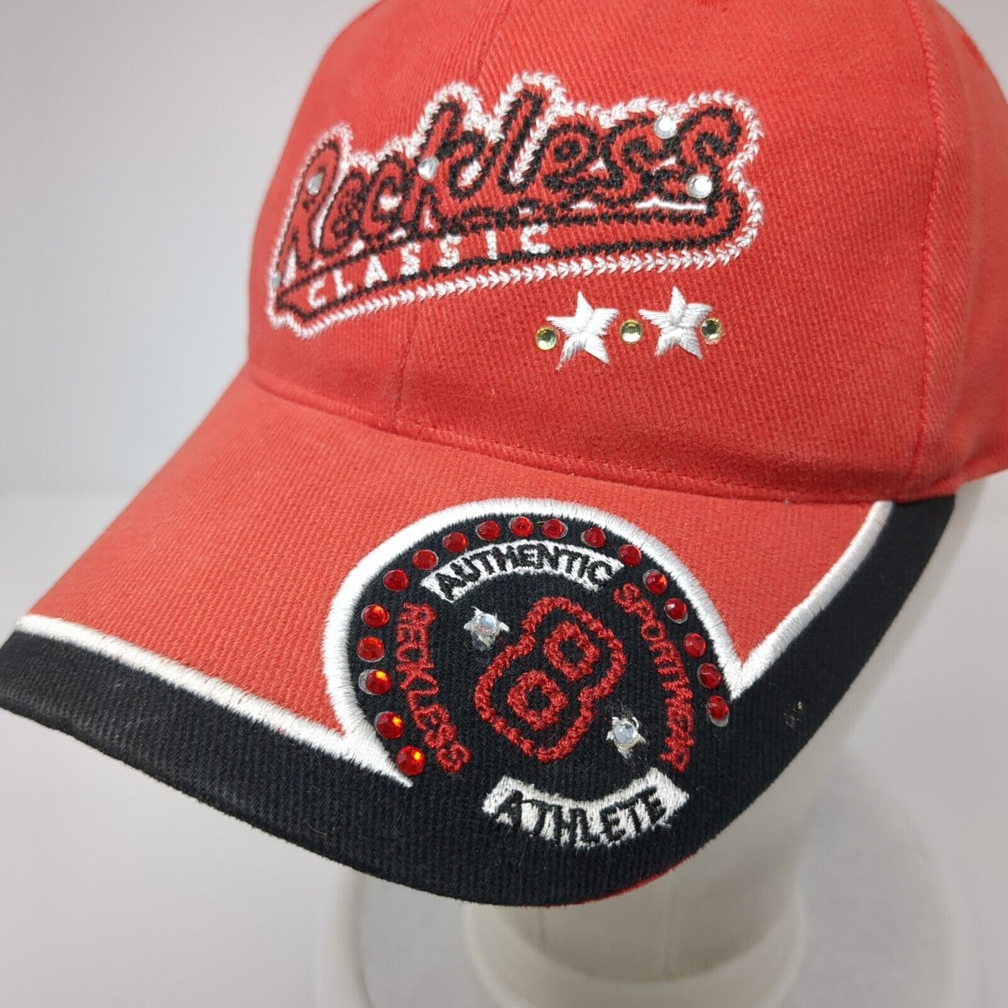 Reckless Classic Strapback Hat Red One Size Rhinestone Embroidered
