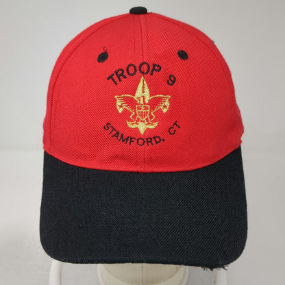 Red Baseball Cap OSFM Boy Scouts Troop 9 Stamford CT Strapback Logo Black Hat