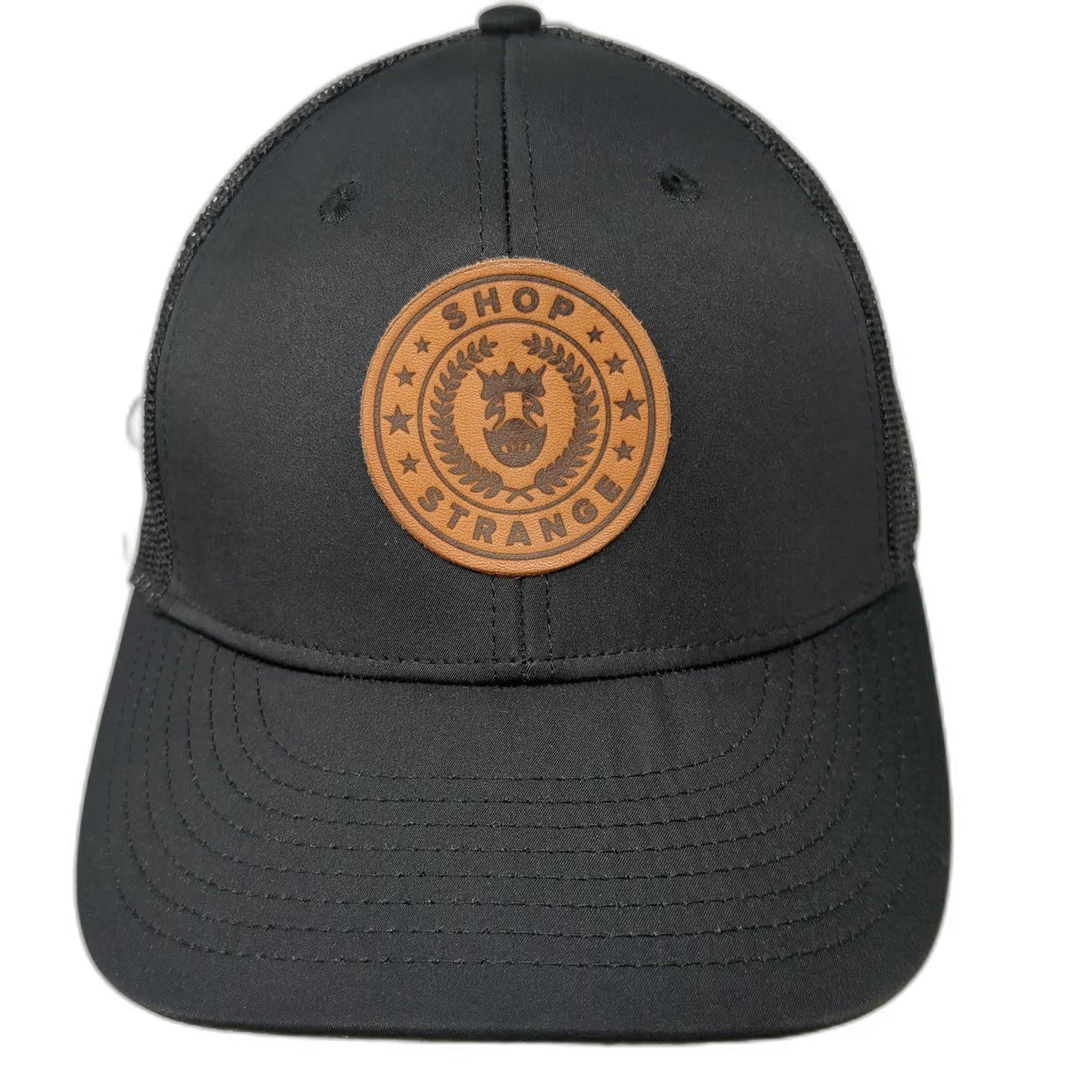 Shop Strange Trucker Hat Black One Size Leather Patch Monkey Logo Snapback