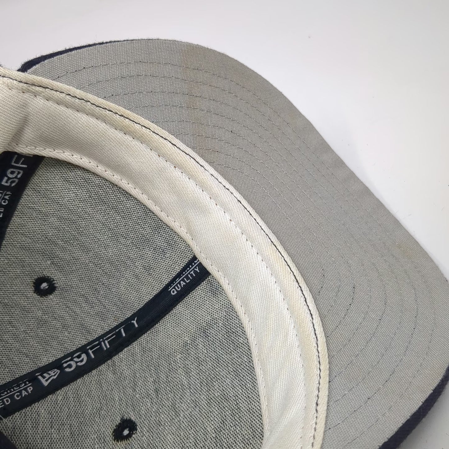 New Era Baseball Cap Blue 7 1/8 Fitted Wool Old English M 59FIFTY Hat Grey Brim