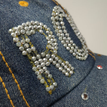 Rock Rhinestone Bling Distressed Blue Baseball Cap One Size Slideback Denim Hat