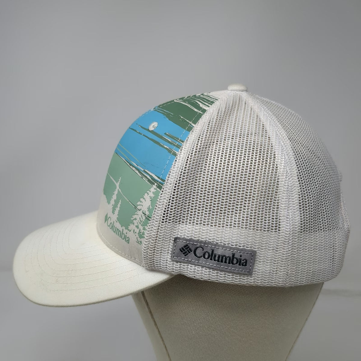 Columbia Trucker Hat White Blue Green One Size Landscape Graphic Mesh Snapback