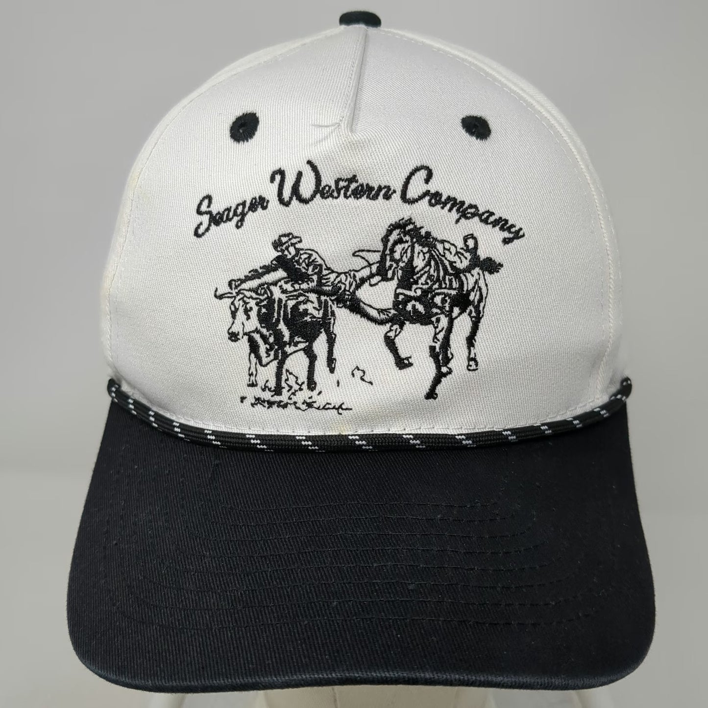 Seager 5 Panel White Black OSFM Rope Hat Snapback Western Cowboy Cotton Steer