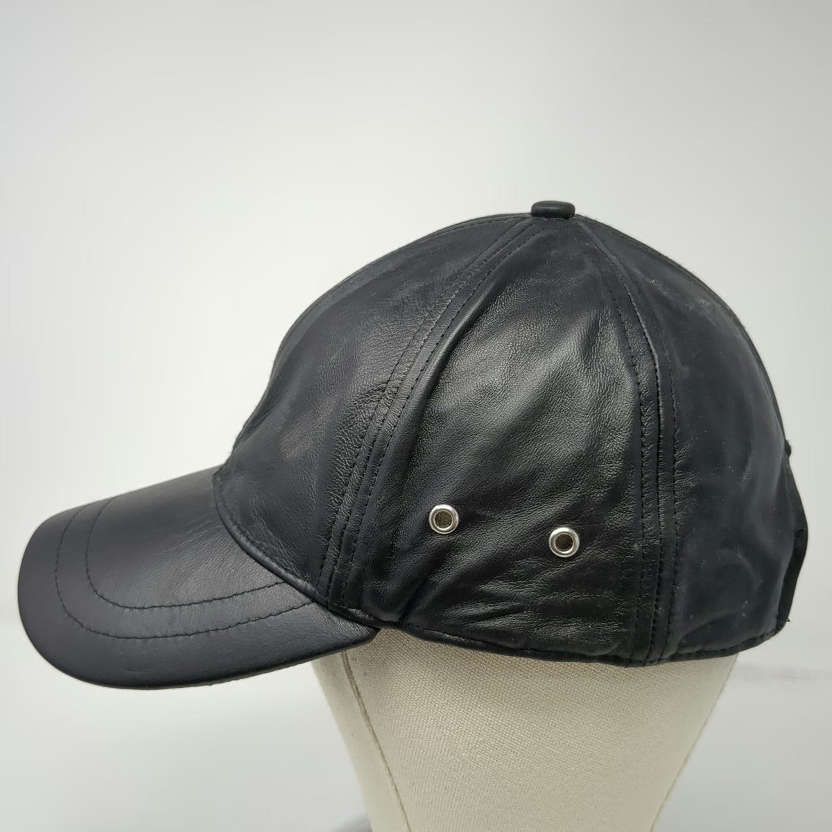Black Leather Baseball Cap One Size Slideback Plain Solid Hat Metal Grommets