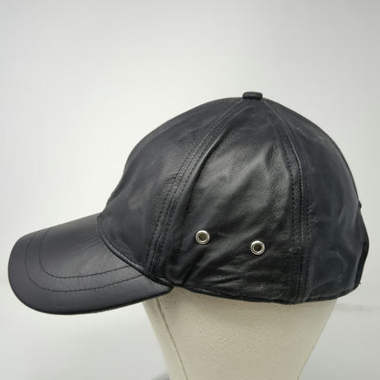 Black Leather Baseball Cap One Size Slideback Plain Solid Hat Metal Grommets