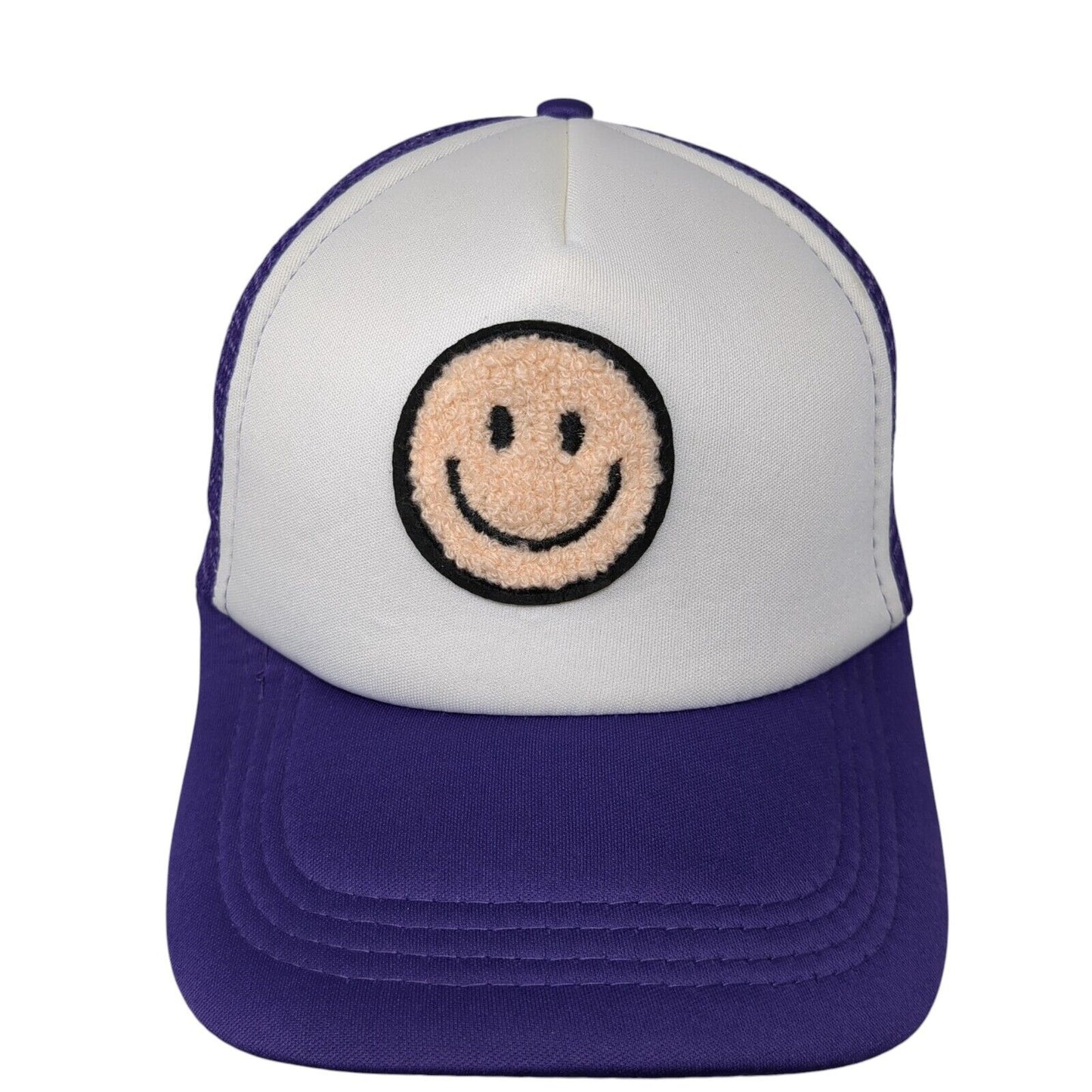 Smiley Face Snapback Mesh Back Trucker Hat Purple One Size Colorblock