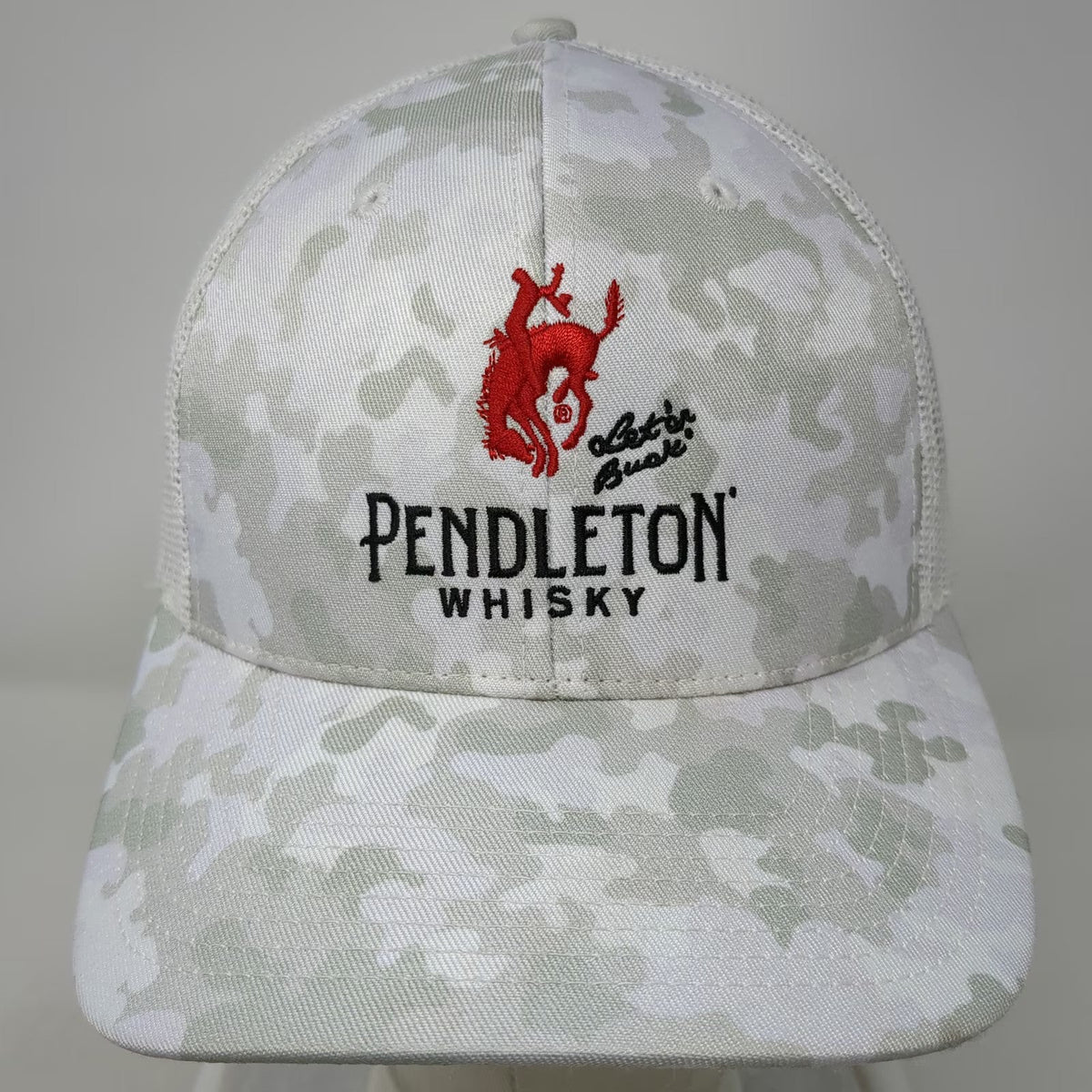 Pendleton Whisky Trucker Hat One Size White Camo Mesh Bucking Bronco Logo Hat