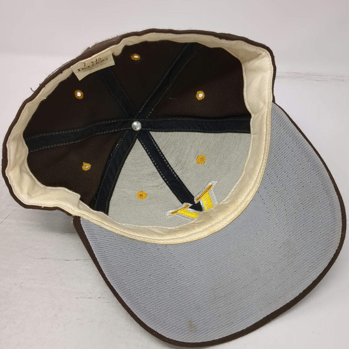 DeLONG Baseball Cap Brown Yellow White 7 1/2 Fitted Made in USA Letter V Hat