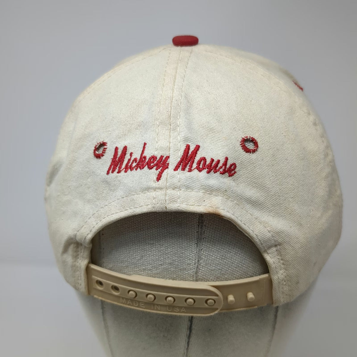 Disney Mickey Mouse Snapback Beige Red One Size Green Underbrim Made in USA Hat