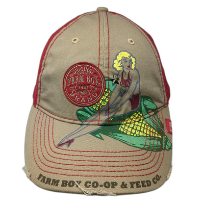 Farm Boy Baseball Cap Beige Red One Size Pinup Girl Corn Mesh Star Graphic Hat