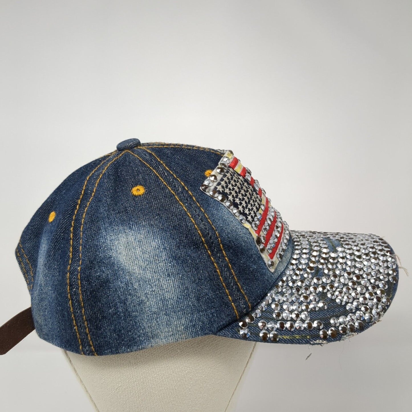 USA Flag Patch Bling Slideback Hat Blue Denim One Size Rhinestone