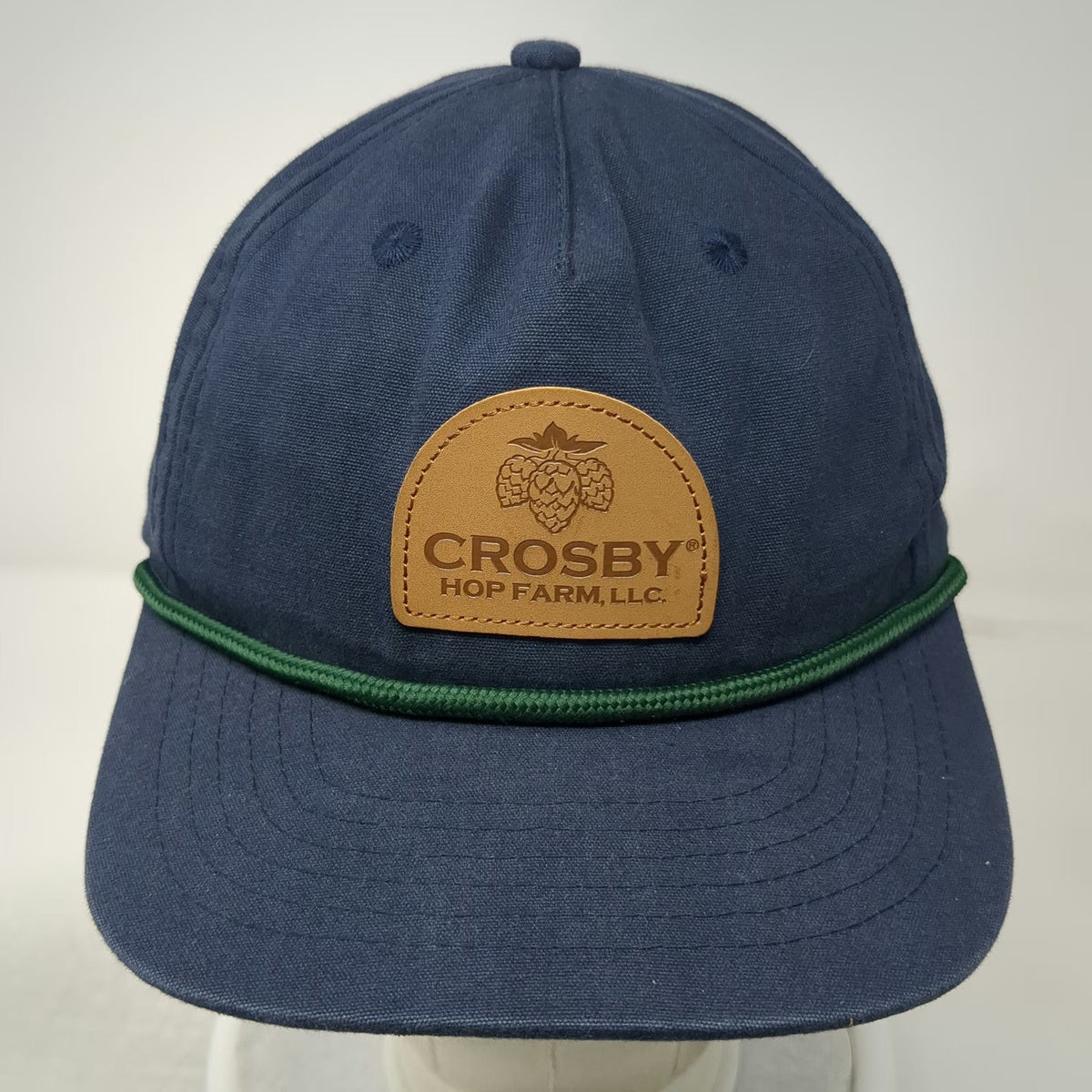 Crosby Hop Farm 5 Panel Blue One Size Hat Green Rope Leather Patch Snapback Brim