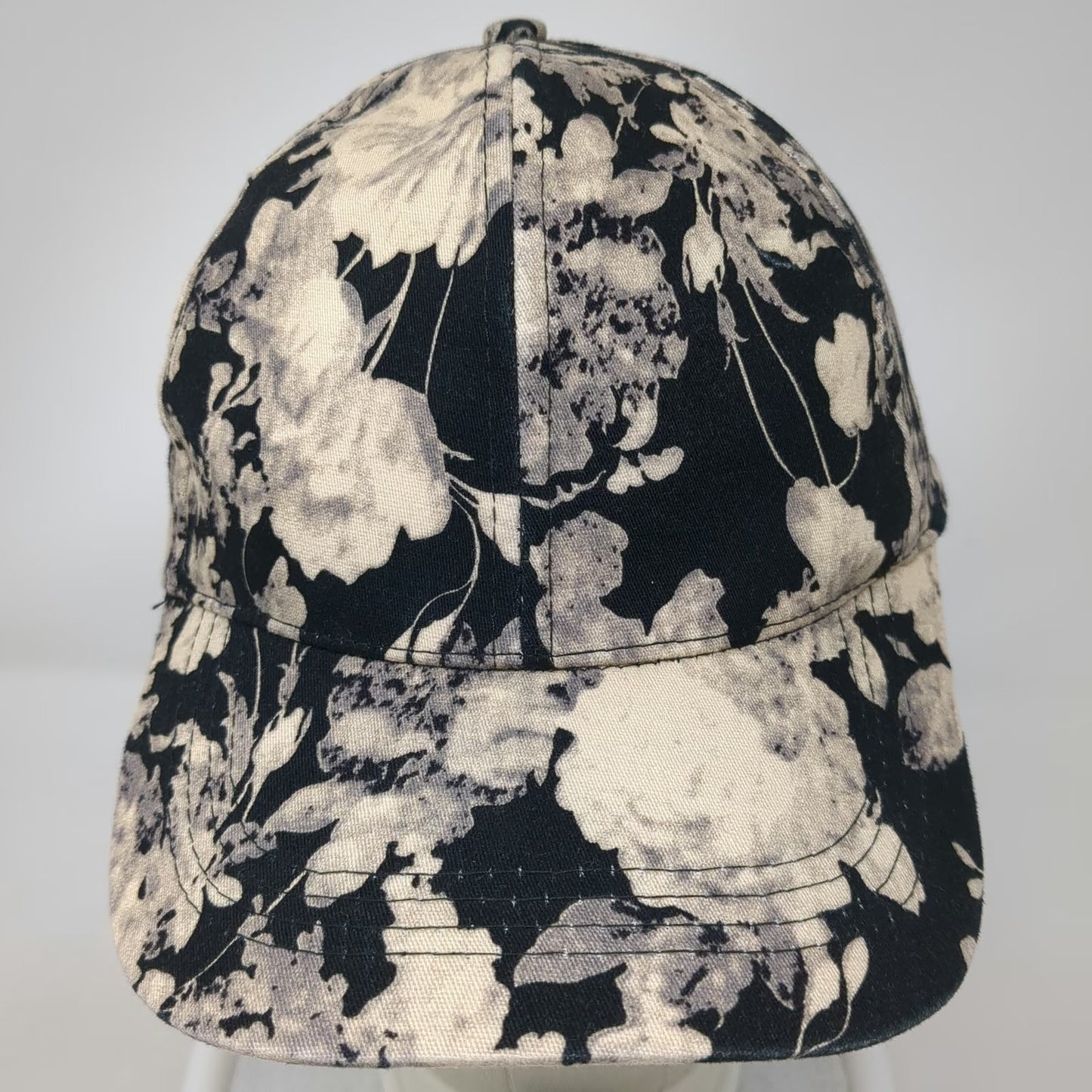 D&Y Baseball Cap Black White Floral Print One Size Adjustable Hat Cotton Strap