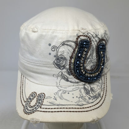 Leader LOGR Army Cap White One Size Beaded Horseshoe Floral Frayed Cadet Hat