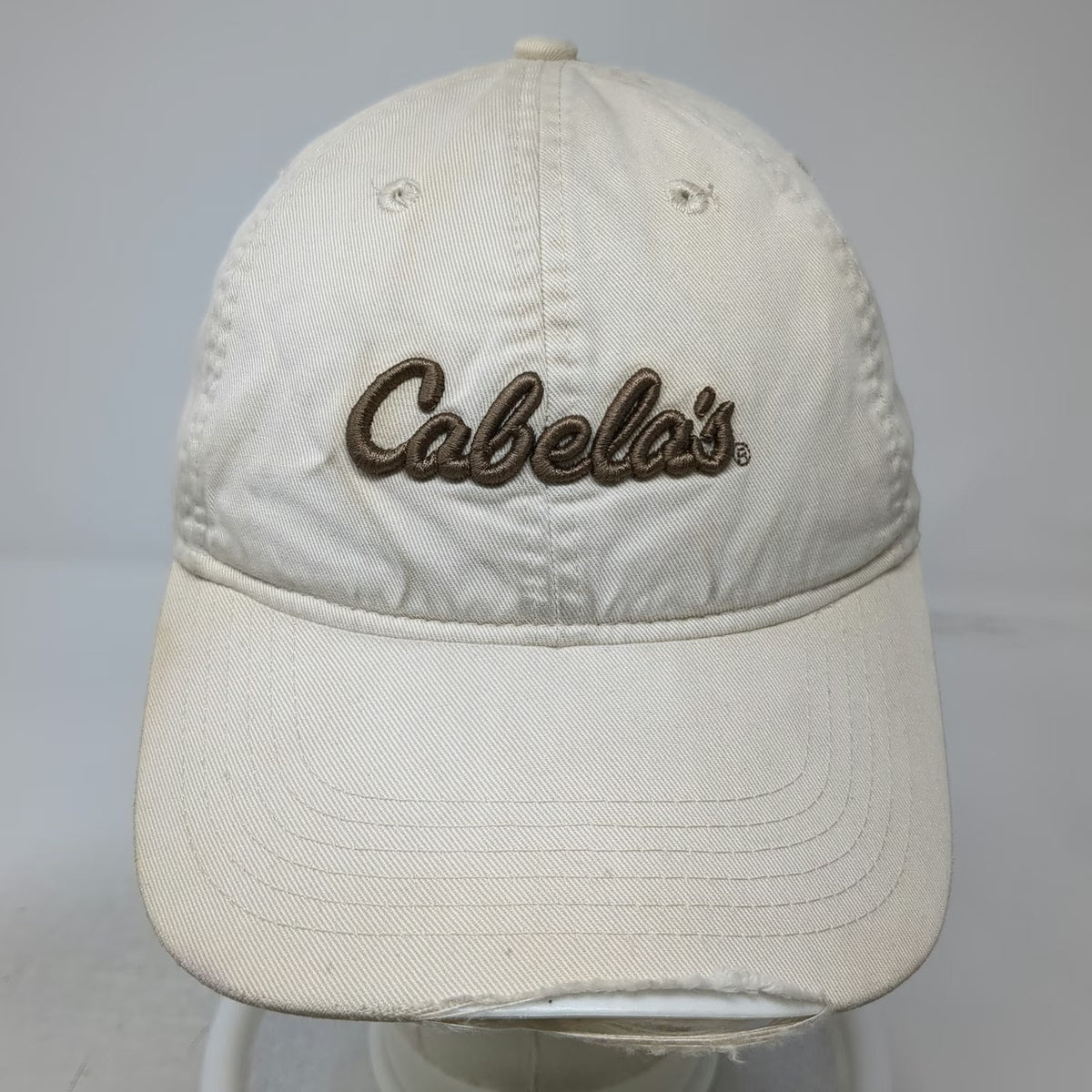 Cabela's Baseball Cap Beige One Size Distressed Embroidered Logo Strapback Hat