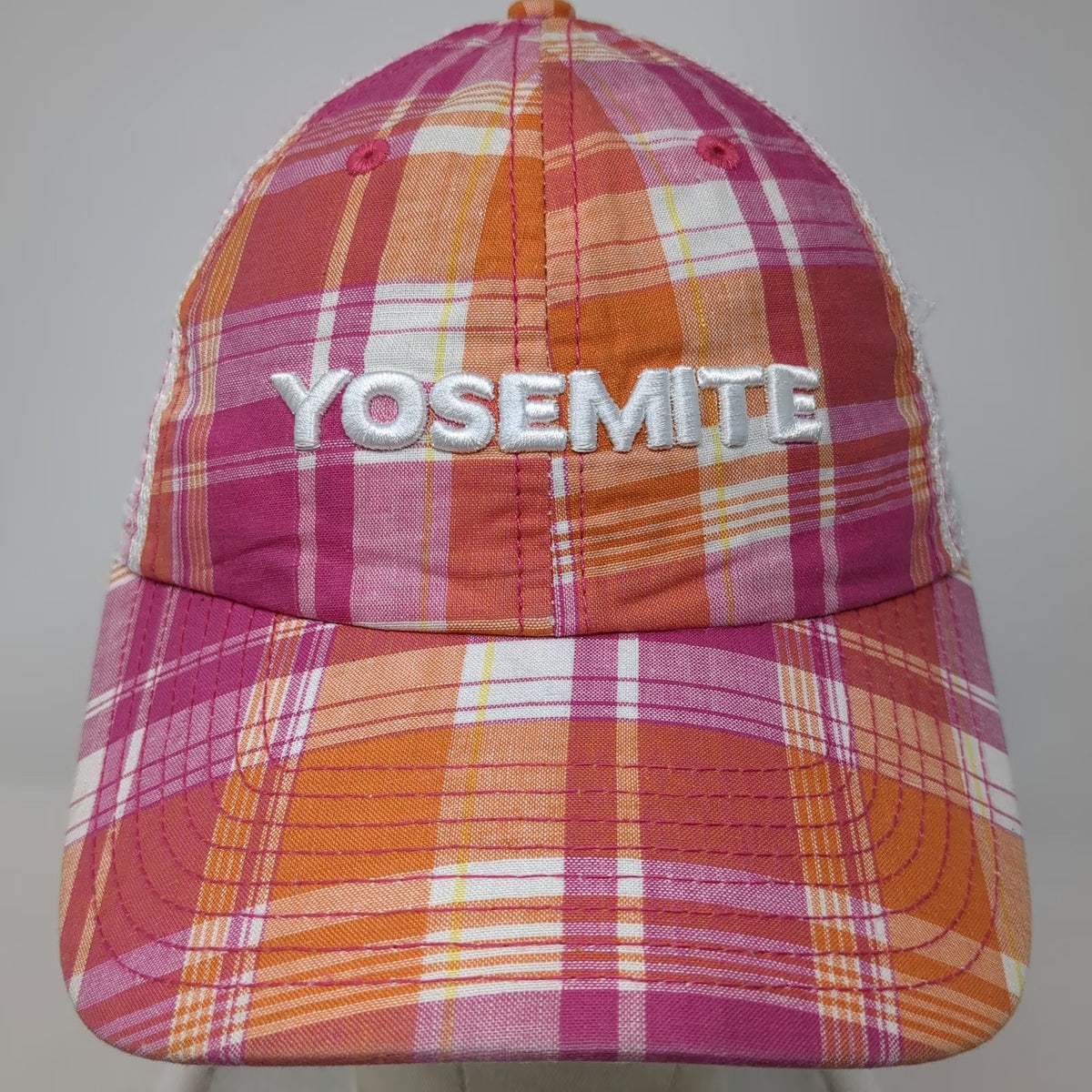 Polar Graphics Trucker Hat Pink White One Size Yosemite Plaid Mesh Snapback