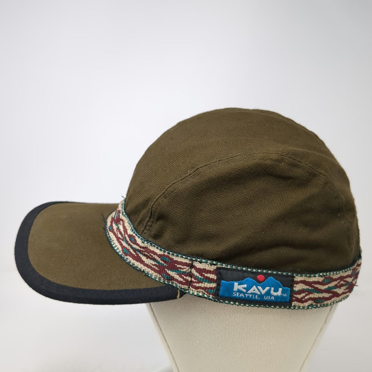 KAVU Baseball Cap Brown S Woven Strap Cotton Made in USA 5 Panel Slideback Hat