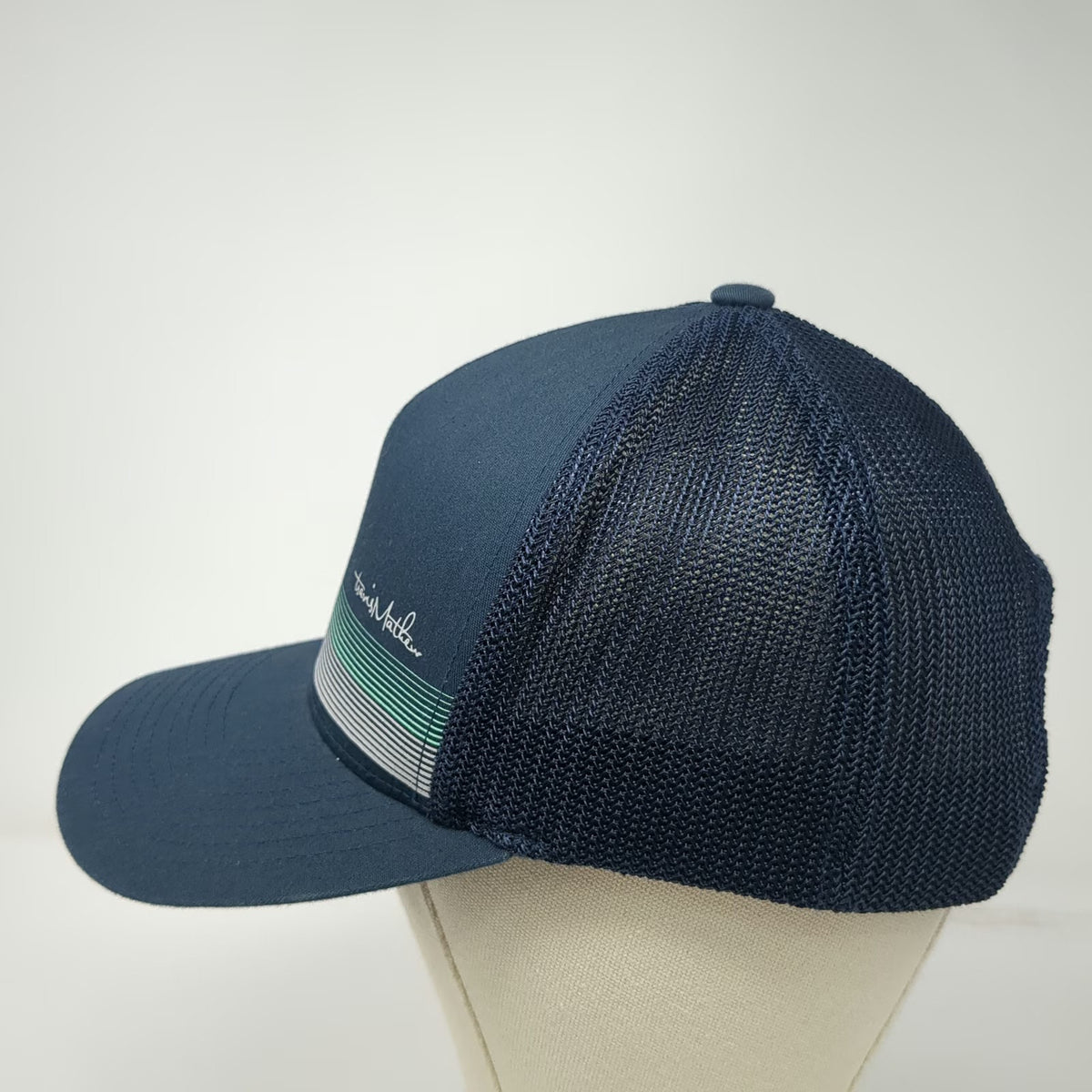 TravisMathew Trucker Hat Blue One Size Snapback Mesh Flexfit 110 Stripe Logo
