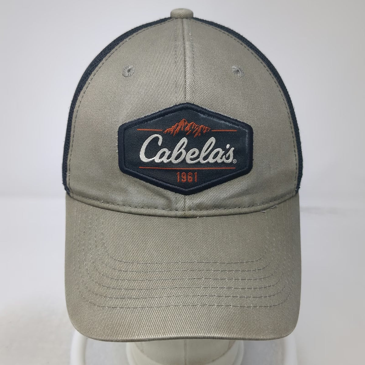 Cabela's Trucker Hat Beige One Size Mesh Back Mountain Patch Black Snapback