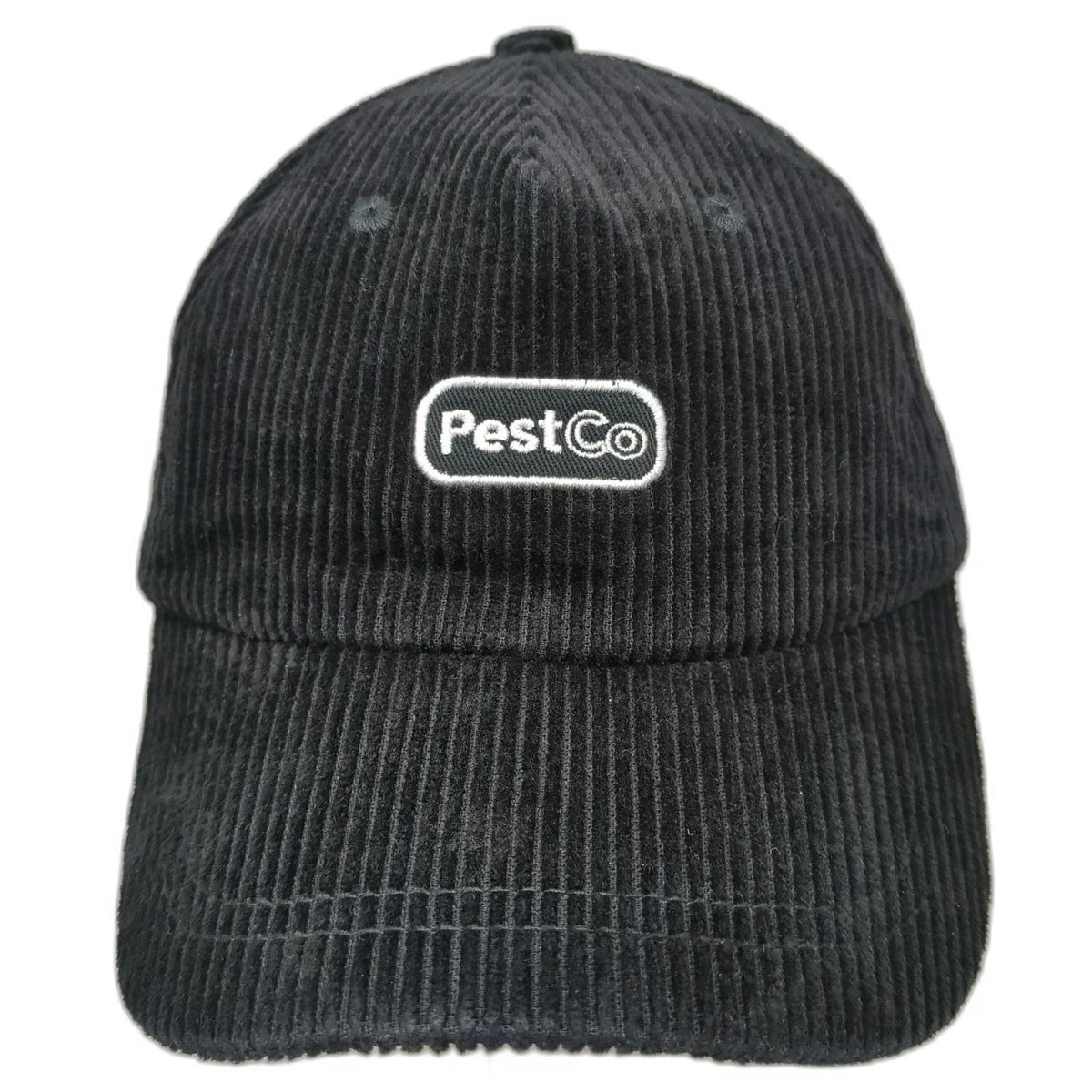 Unie 5 Panel Black Hat One Size Corduroy PestCo Logo Embroidered Slideback