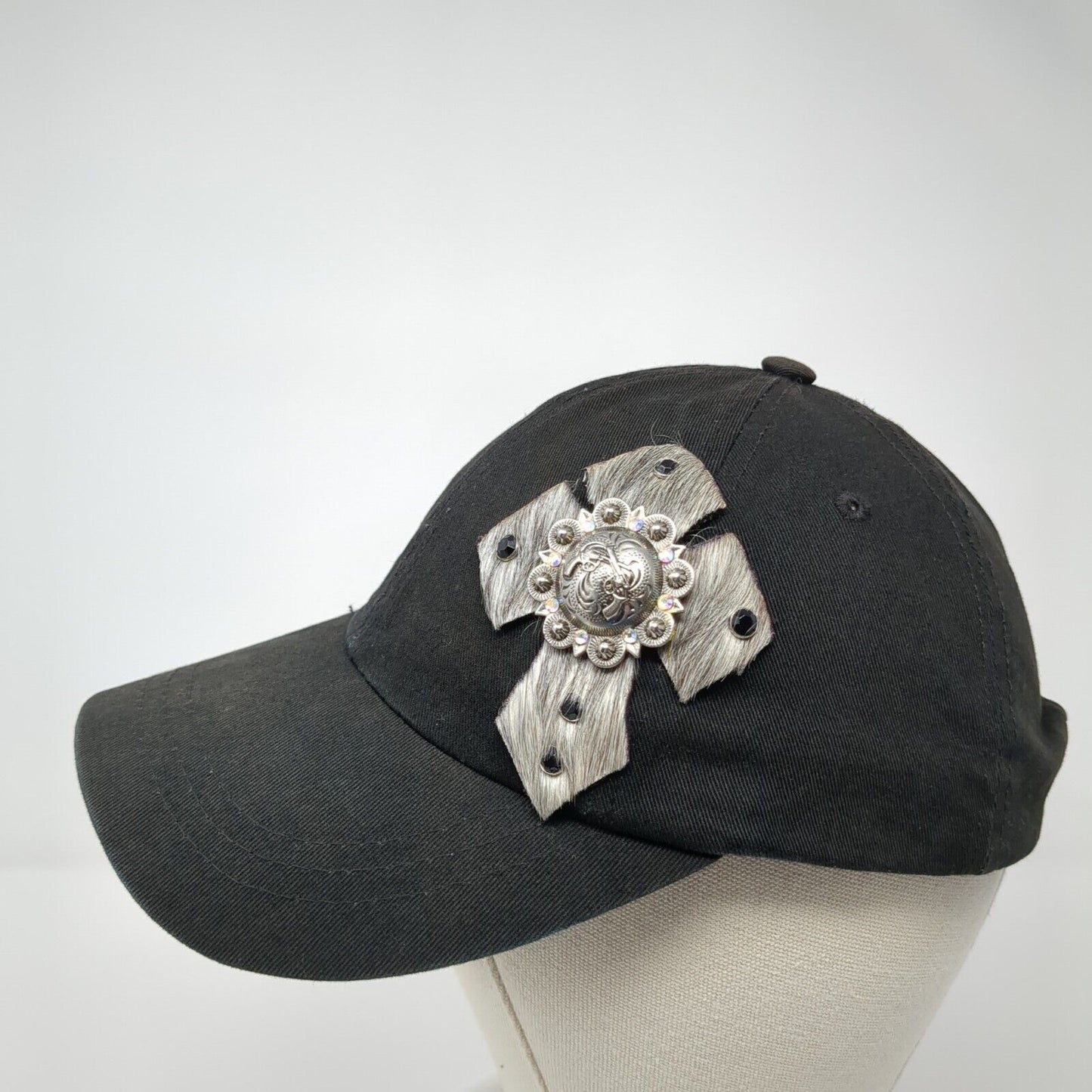 Crucifix Cross Slideback Hat Black One Size Adjustable Embellished Rhinestone