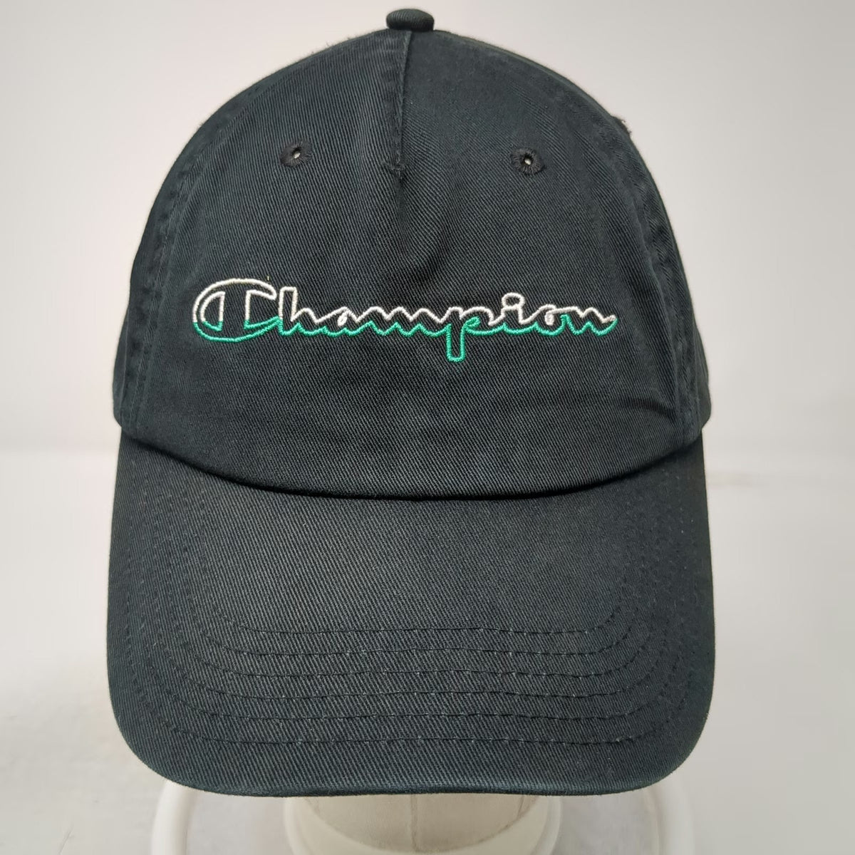 Champion 5 Panel Hat Black One Size Cotton Script Logo Slideback Strapback