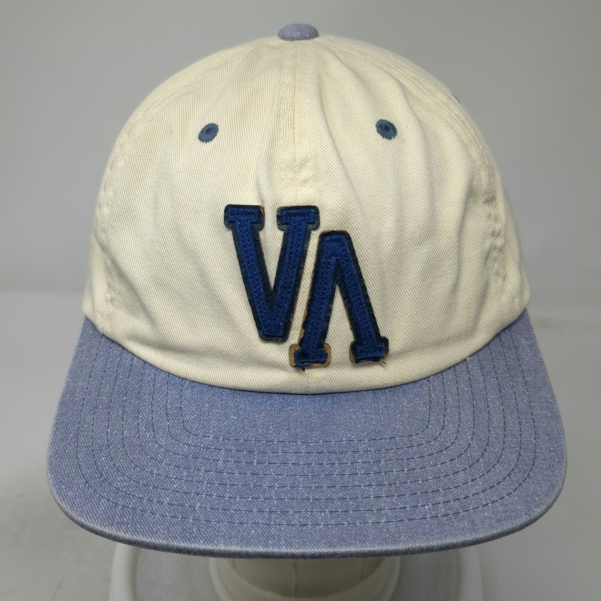 RVCA Baseball Cap Beige One Size Leather Strapback VA Logo Felt Applique Hat