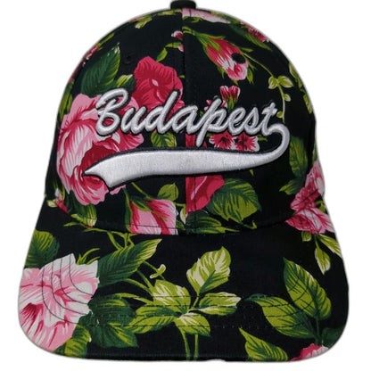 Budapest Floral Rose Baseball Cap Black One Size Embroidered Flower Pattern Hat