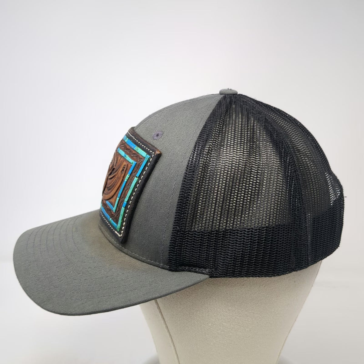 Richardson Trucker Hat Gray L Leather Floral Patch Western Blue Mesh Snapback