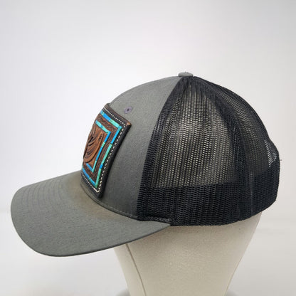Richardson Trucker Hat Gray L Leather Floral Patch Western Blue Mesh Snapback