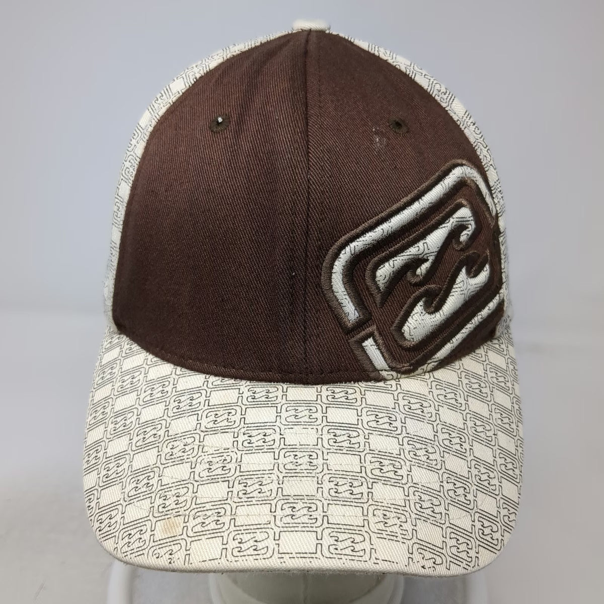 Billabong Baseball Cap Brown White One Size Flexfit All Over Print Wave Logo Hat