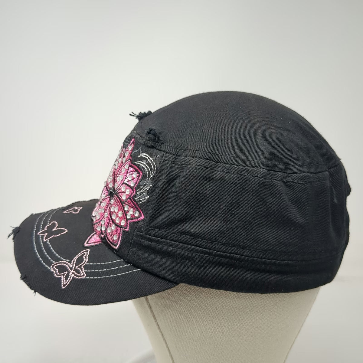 KBETHOS Black Army Cap OSFM Floral Butterfly Rhinestone Distressed Hat Slideback