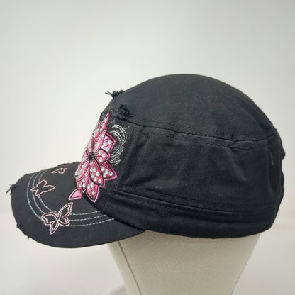 KBETHOS Black Army Cap OSFM Floral Butterfly Rhinestone Distressed Hat Slideback