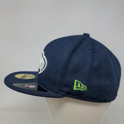 New Era Men's Fitted Flat Bill Hat Blue 7 1/4 Seattle Seahawks NFL Embroidered
