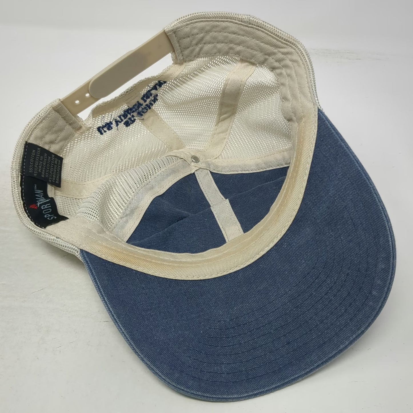 Sportsman Trucker Hat Blue White One Size Leather Patch Mesh St John USVI Bar