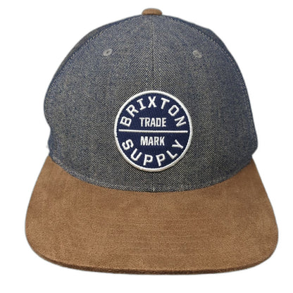 Brixton Snapback Hat Blue Brown One Size Denim Suede Flat Brim Logo Patch