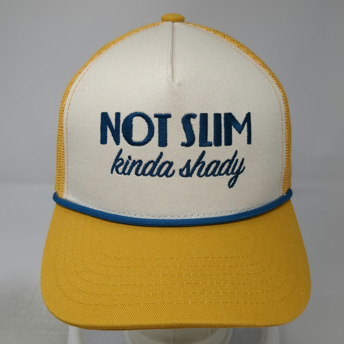 Questionables Trucker Hat Yellow White Blue One Size Not Slim Kinda Shady Rope