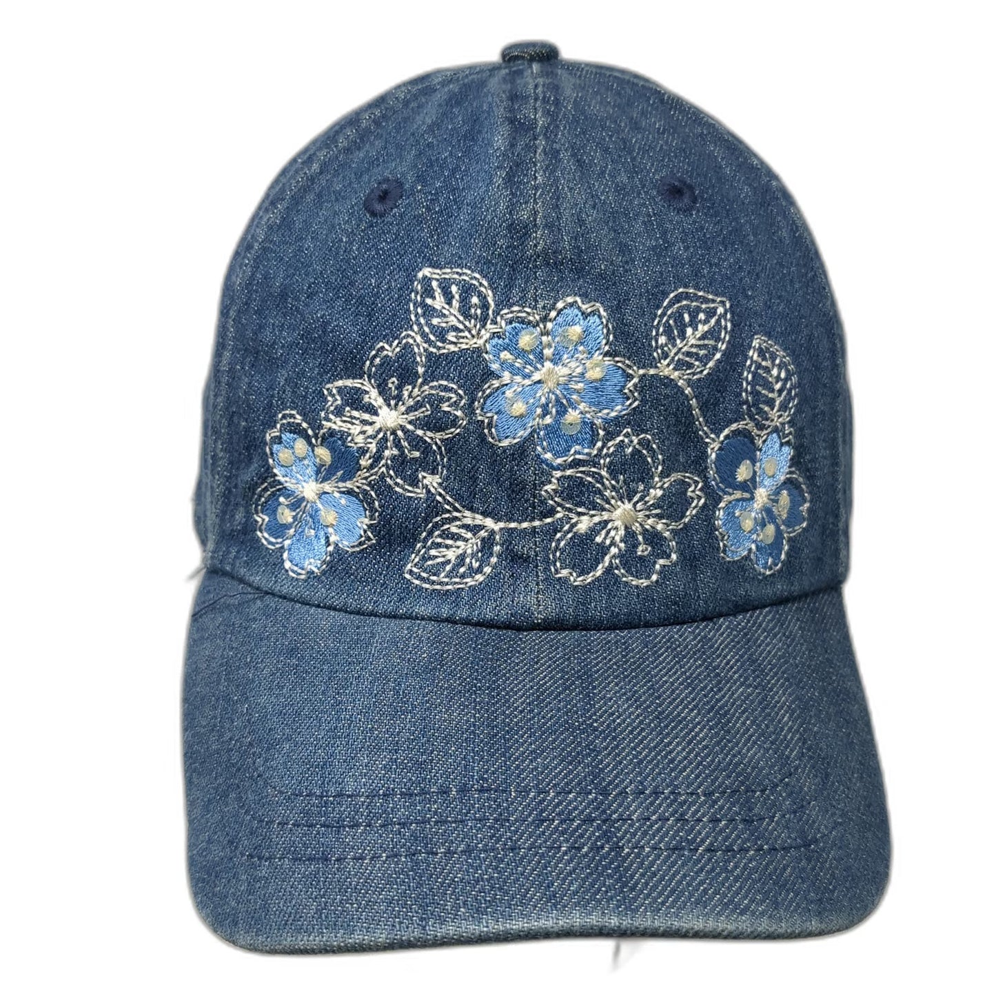Blue Baseball Cap One Size Denim Floral Embroidered Flower Adjustable Strap Hat