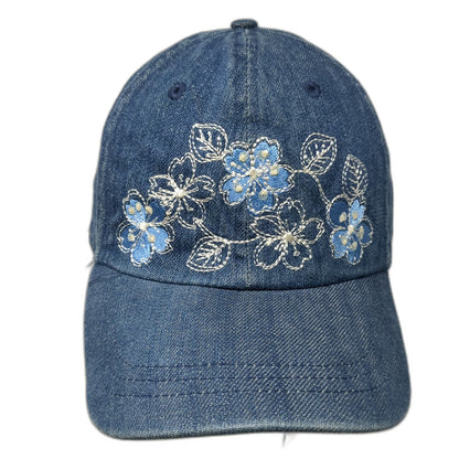 Blue Baseball Cap One Size Denim Floral Embroidered Flower Adjustable Strap Hat